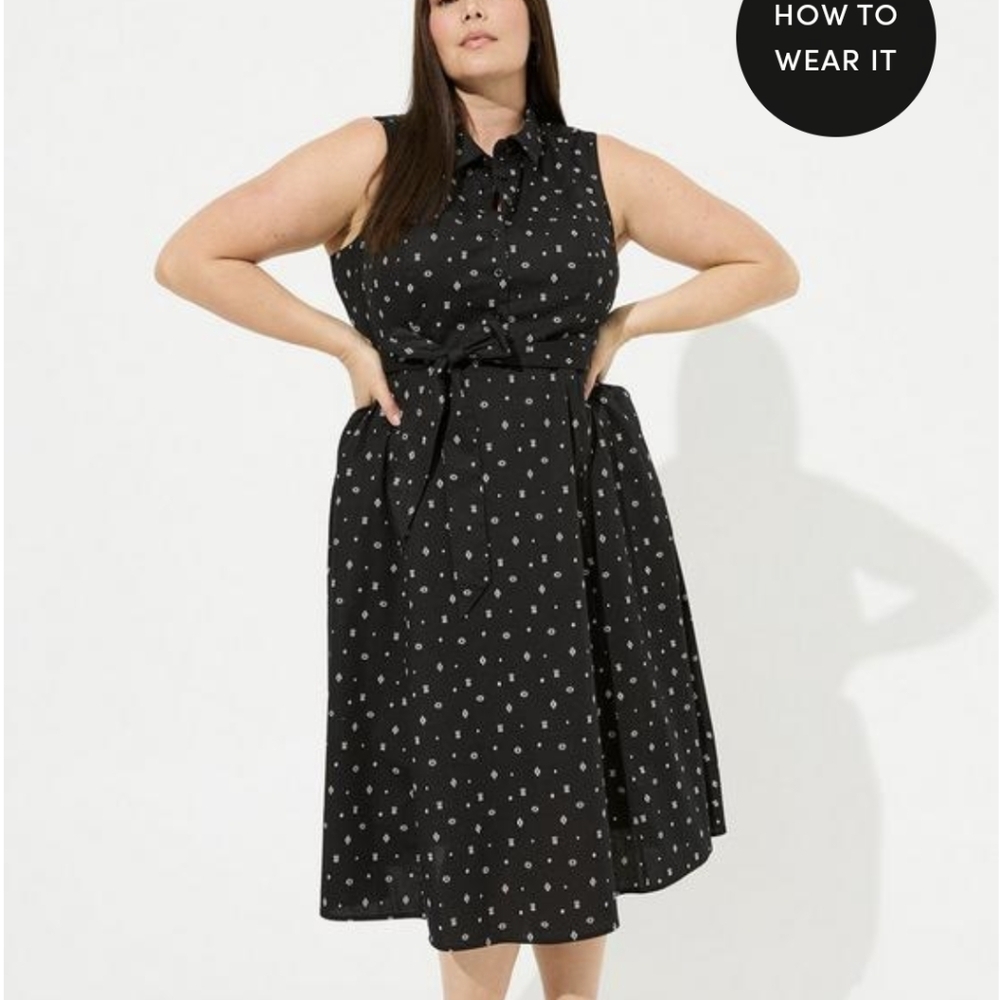 Torrid Retro Black midi dress poplin cotton  White Geo Pattern Shirt Dress Sz4x